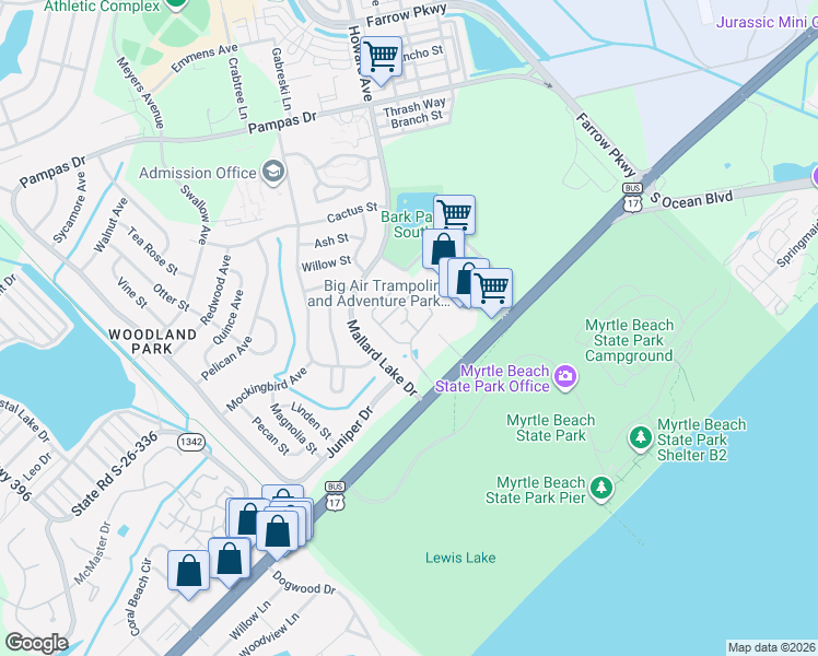 map of restaurants, bars, coffee shops, grocery stores, and more near 1722 Club House Drive in Myrtle Beach