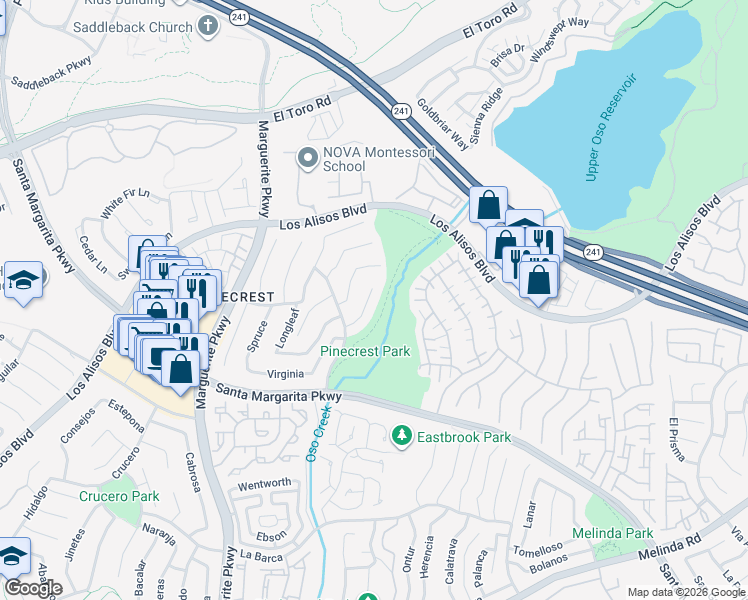 map of restaurants, bars, coffee shops, grocery stores, and more near 21251 Limber in Mission Viejo