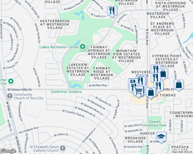 map of restaurants, bars, coffee shops, grocery stores, and more near 9435 West Morrow Drive in Peoria