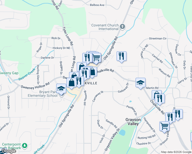 map of restaurants, bars, coffee shops, grocery stores, and more near 2449 Old Springville Road Northeast in Birmingham