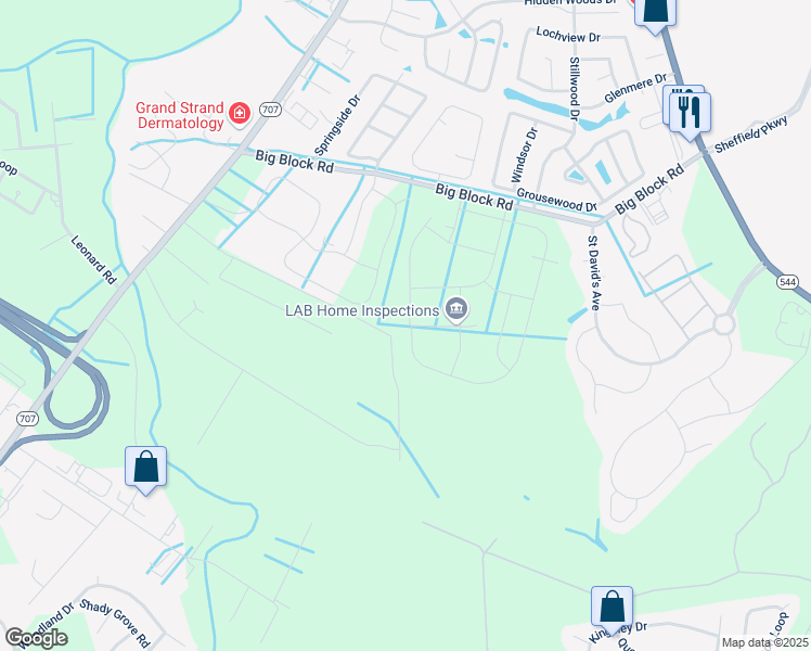 map of restaurants, bars, coffee shops, grocery stores, and more near 4900 Assembly Lane in Myrtle Beach