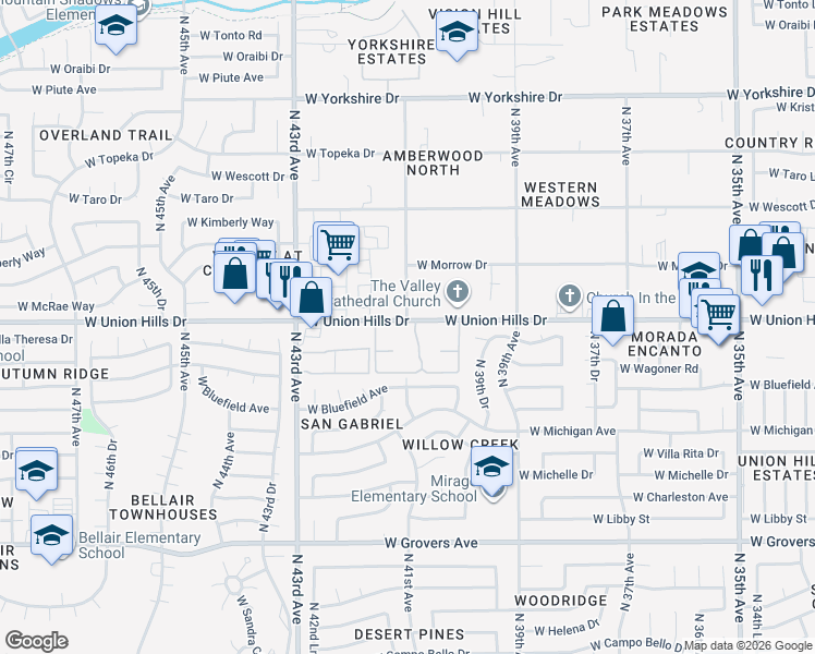 map of restaurants, bars, coffee shops, grocery stores, and more near 4101 West Union Hills Drive in Glendale