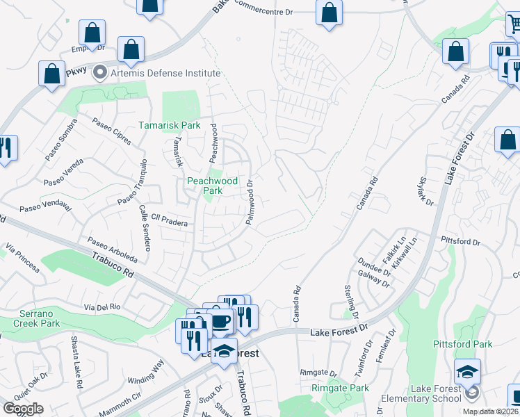 map of restaurants, bars, coffee shops, grocery stores, and more near 21247 Camelia in Lake Forest