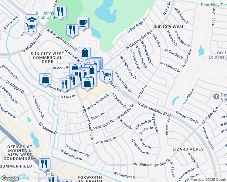 map of restaurants, bars, coffee shops, grocery stores, and more near 18831 North Palomar Drive in Sun City West