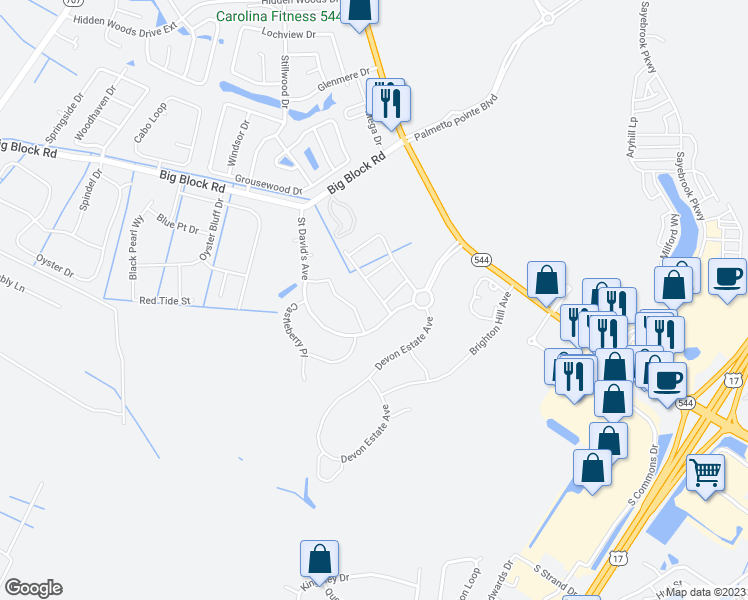 map of restaurants, bars, coffee shops, grocery stores, and more near 212 Machrie Loop in Myrtle Beach