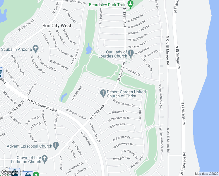 map of restaurants, bars, coffee shops, grocery stores, and more near 12810 West Shadow Hills Drive in Sun City West