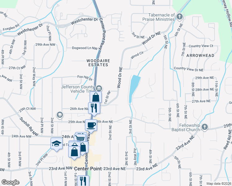 map of restaurants, bars, coffee shops, grocery stores, and more near 2621 Wood Drive Northeast in Center Point