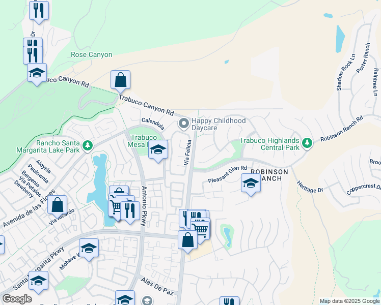 map of restaurants, bars, coffee shops, grocery stores, and more near 18 Vía Felicia in Rancho Santa Margarita
