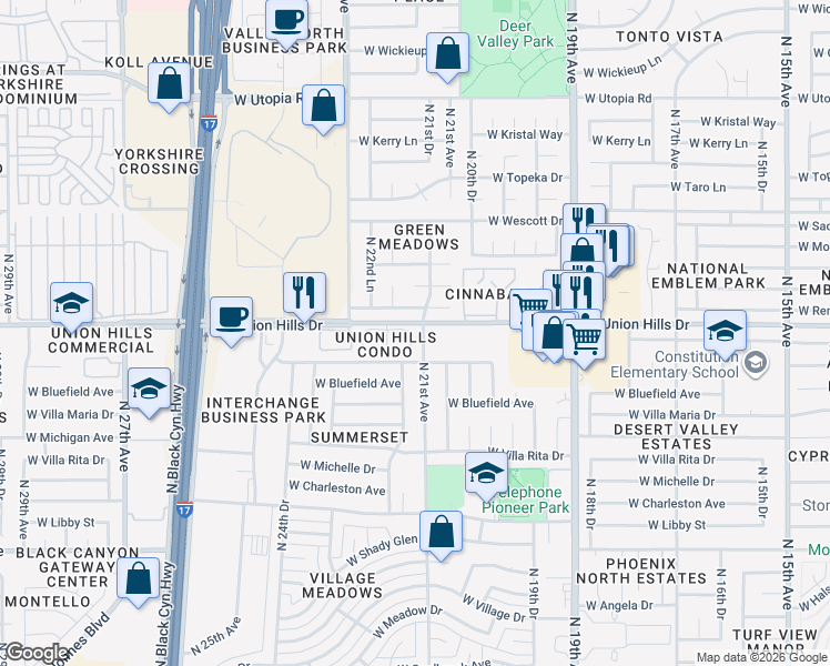 map of restaurants, bars, coffee shops, grocery stores, and more near 2039 West Union Hills Drive in Phoenix
