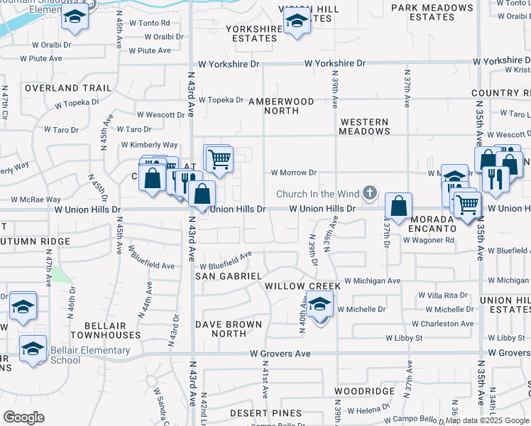 map of restaurants, bars, coffee shops, grocery stores, and more near 4101 West Union Hills Drive in Glendale