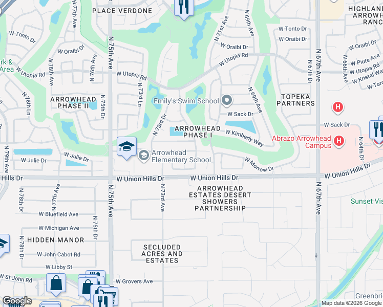 map of restaurants, bars, coffee shops, grocery stores, and more near 18702 North 71st Lane in Glendale