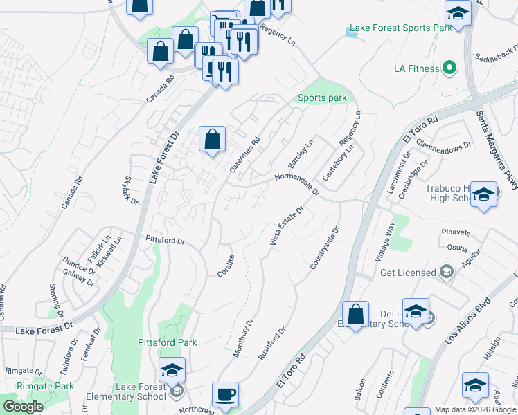 map of restaurants, bars, coffee shops, grocery stores, and more near 21205 Sierra Ridge in Lake Forest