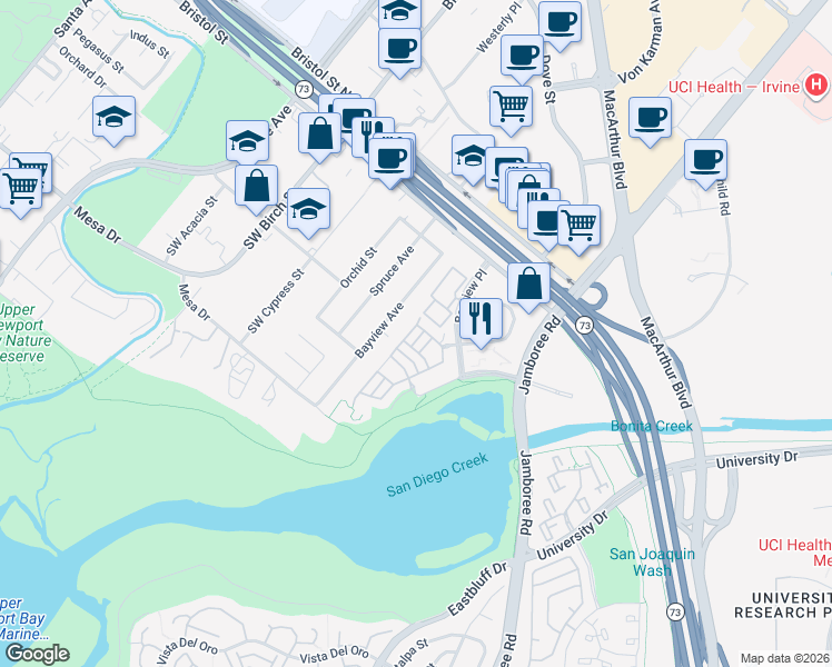 map of restaurants, bars, coffee shops, grocery stores, and more near 51 Shearwater Place in Newport Beach