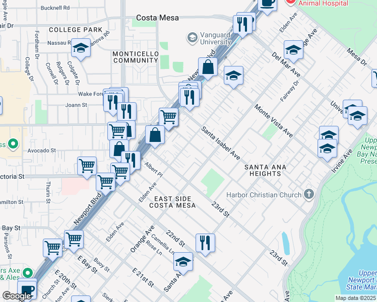 map of restaurants, bars, coffee shops, grocery stores, and more near 198 Brandywyne Terrace in Costa Mesa