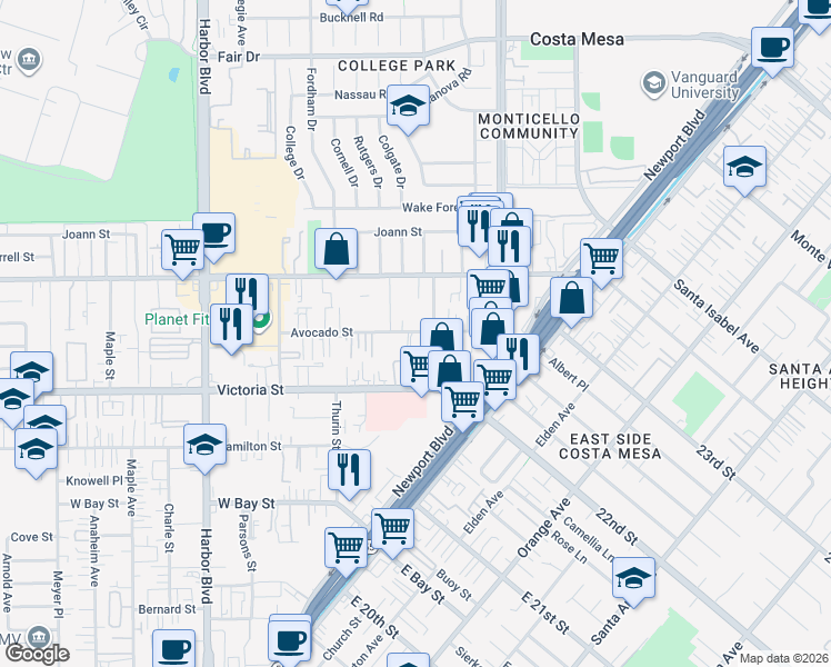 map of restaurants, bars, coffee shops, grocery stores, and more near 271 Avocado Street in Costa Mesa