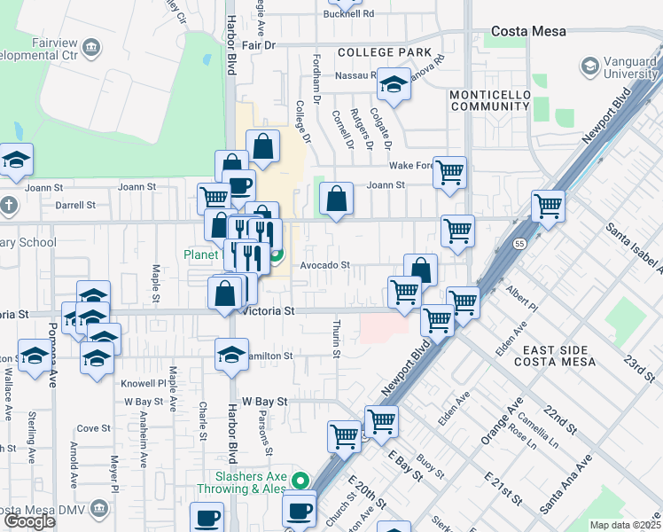 map of restaurants, bars, coffee shops, grocery stores, and more near 371 Avocado Street in Costa Mesa
