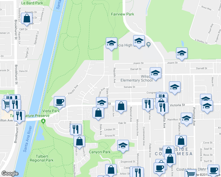 map of restaurants, bars, coffee shops, grocery stores, and more near 2191 State Avenue in Costa Mesa