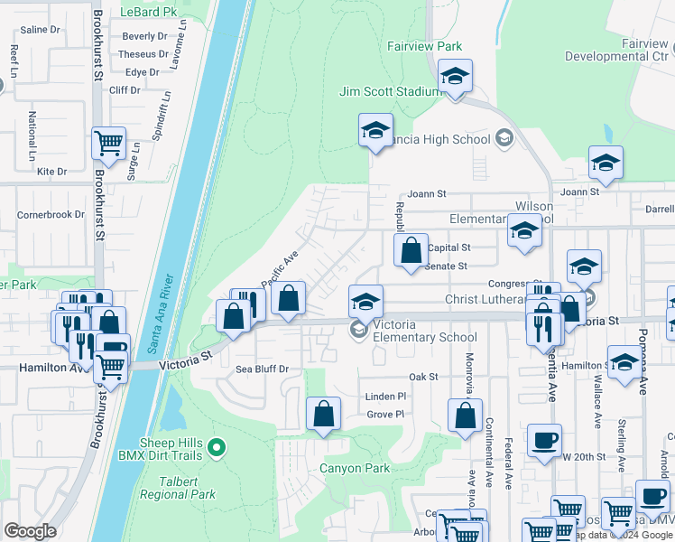 map of restaurants, bars, coffee shops, grocery stores, and more near 2191 American Avenue in Costa Mesa