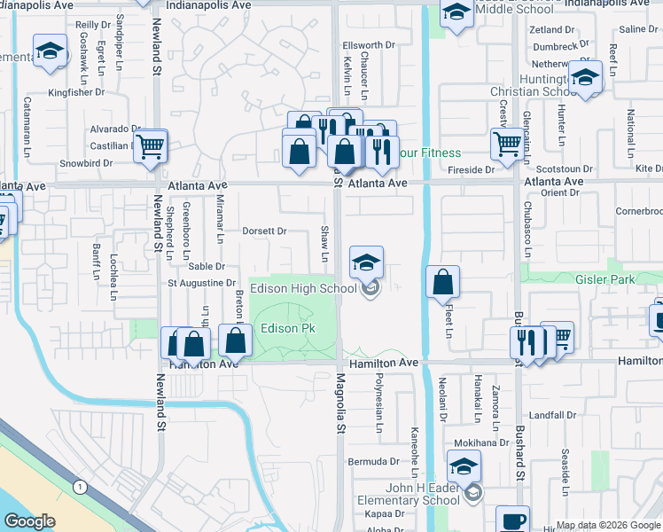 map of restaurants, bars, coffee shops, grocery stores, and more near 8921 Stilwell Drive in Huntington Beach