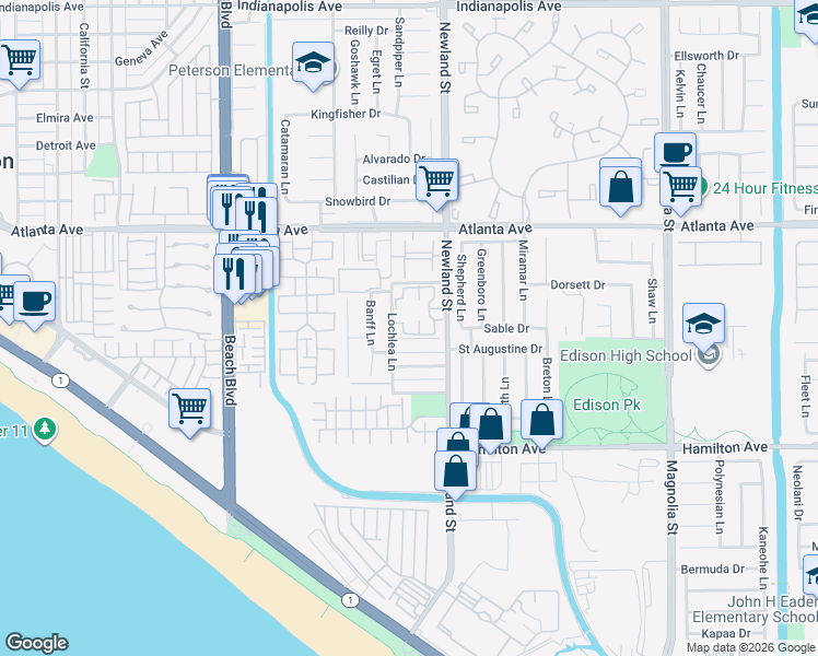 map of restaurants, bars, coffee shops, grocery stores, and more near 8412 Hillhead Drive in Huntington Beach