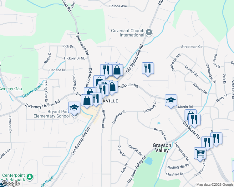 map of restaurants, bars, coffee shops, grocery stores, and more near 2449 Old Springville Road Northeast in Birmingham