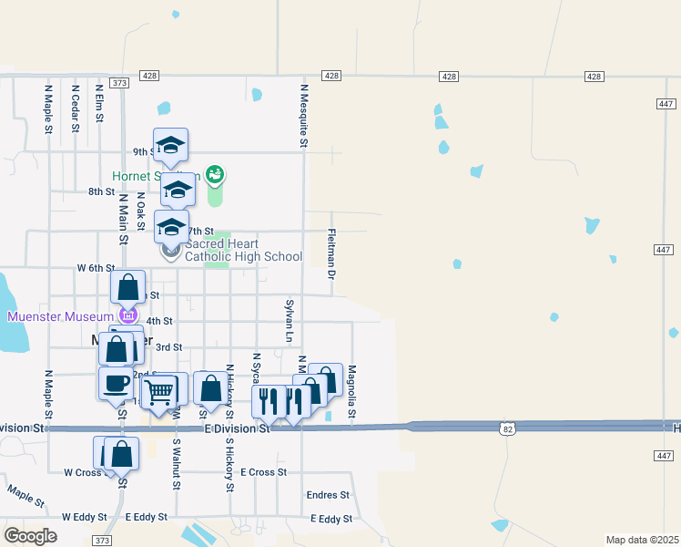 map of restaurants, bars, coffee shops, grocery stores, and more near 700 Fleitman Drive in Muenster