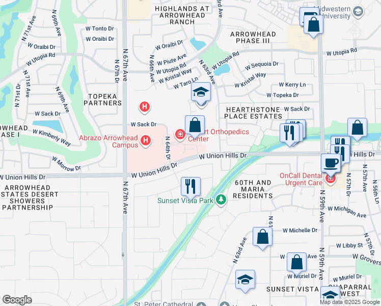 map of restaurants, bars, coffee shops, grocery stores, and more near 6316 West Union Hills Drive in Glendale
