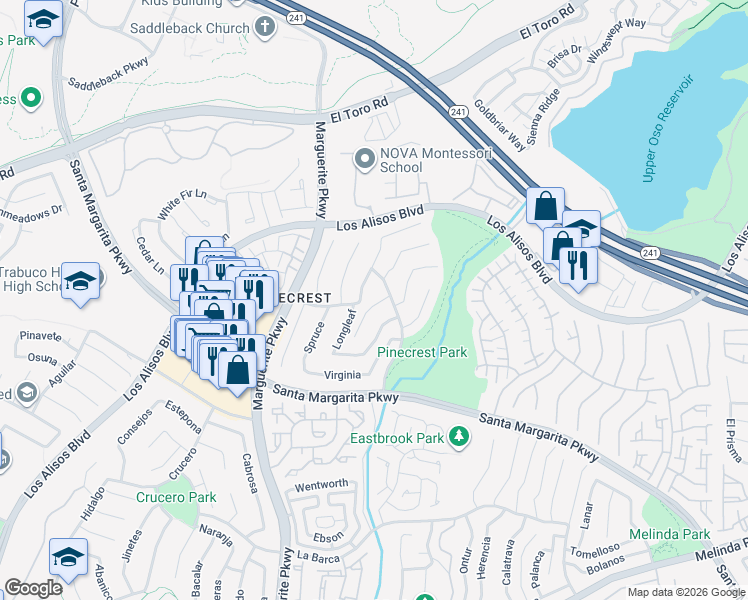 map of restaurants, bars, coffee shops, grocery stores, and more near 21231 Bishop in Mission Viejo