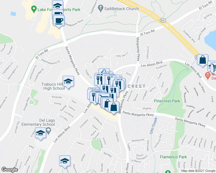 map of restaurants, bars, coffee shops, grocery stores, and more near 27755 Santa Margarita Parkway in Mission Viejo