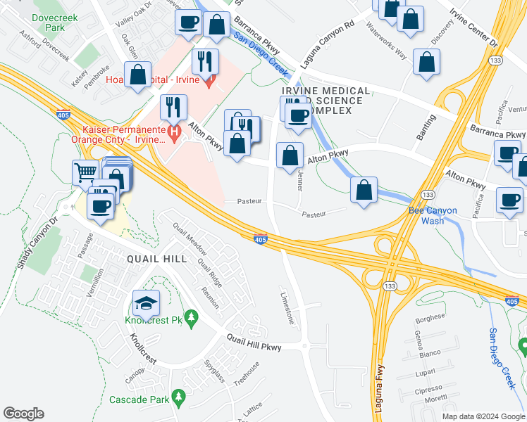 map of restaurants, bars, coffee shops, grocery stores, and more near 16576 Laguna Canyon Road in Irvine