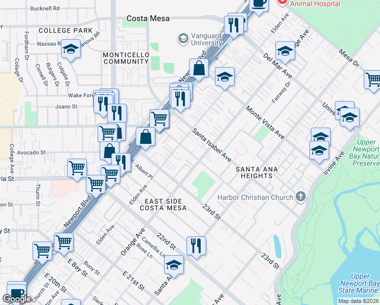 map of restaurants, bars, coffee shops, grocery stores, and more near 174 West Wilson Street in Costa Mesa