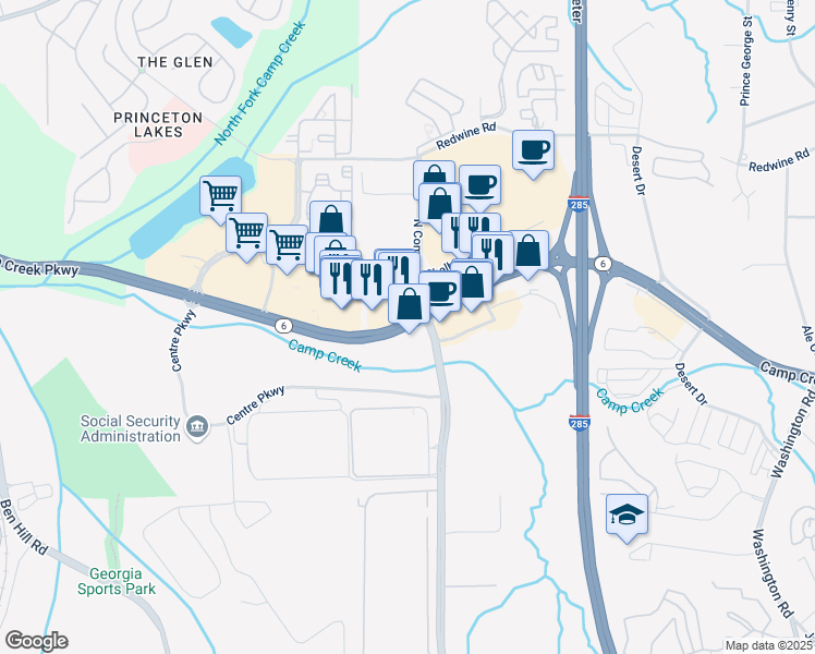 map of restaurants, bars, coffee shops, grocery stores, and more near 3523 Camp Creek Pkwy in Atlanta
