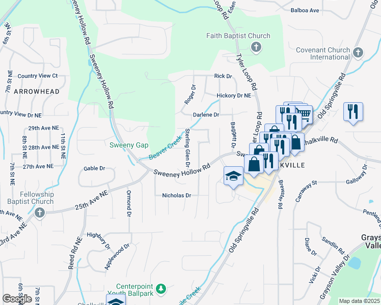 map of restaurants, bars, coffee shops, grocery stores, and more near 5187 Sterling Glen Drive in Pinson