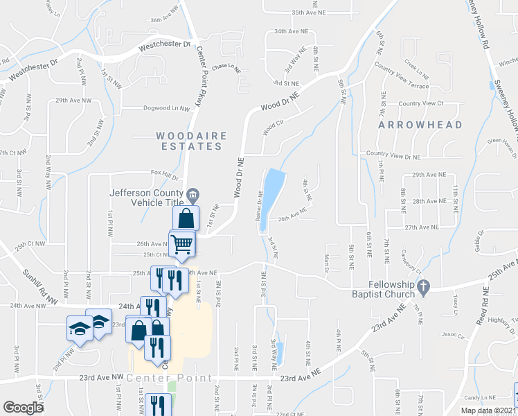 map of restaurants, bars, coffee shops, grocery stores, and more near 2519 Rainer Drive Northeast in Center Point