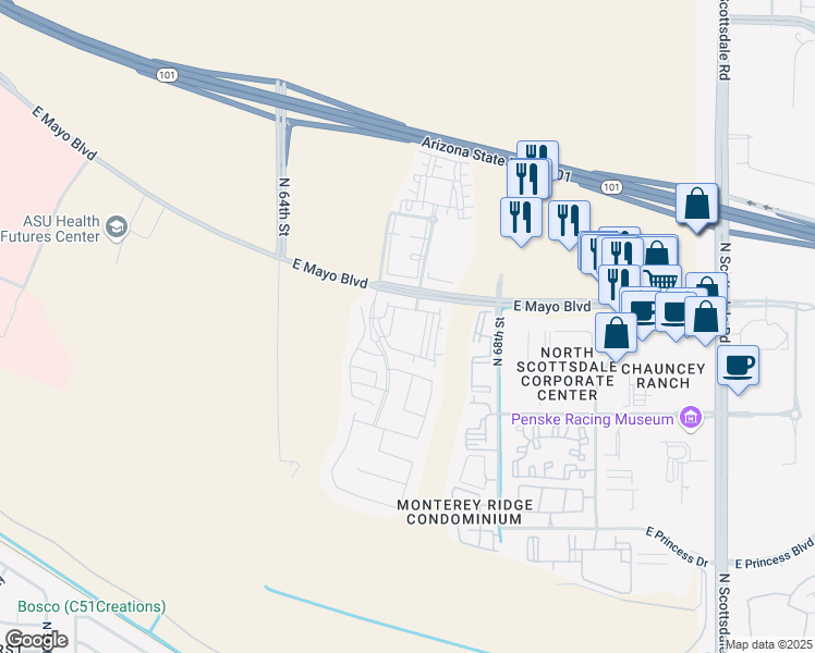 map of restaurants, bars, coffee shops, grocery stores, and more near 6611 East Mayo Boulevard in Phoenix