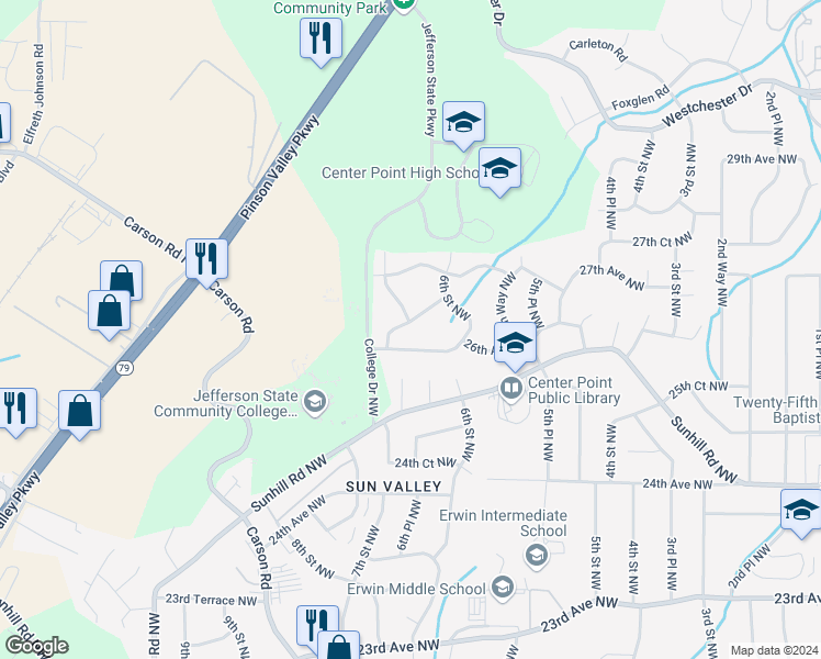 map of restaurants, bars, coffee shops, grocery stores, and more near 701 26th Court Northwest in Center Point