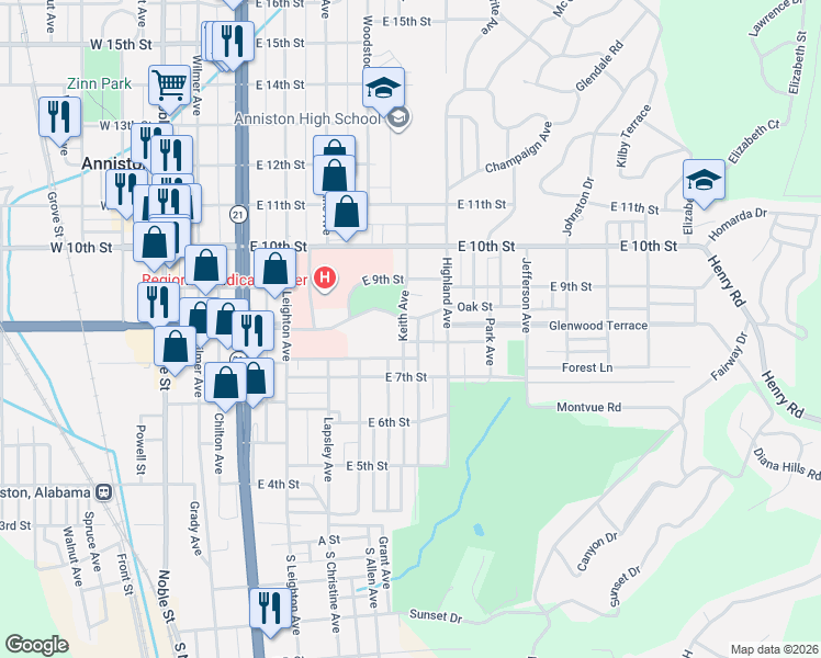 map of restaurants, bars, coffee shops, grocery stores, and more near 801 Keith Avenue in Anniston