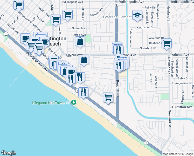 map of restaurants, bars, coffee shops, grocery stores, and more near 7806 Seabreeze Drive in Huntington Beach