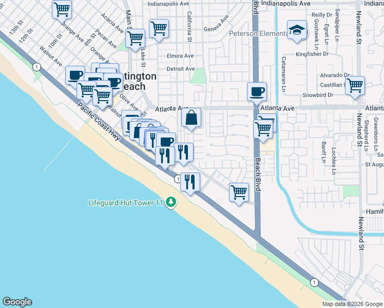 map of restaurants, bars, coffee shops, grocery stores, and more near 80 Huntington Street in Huntington Beach