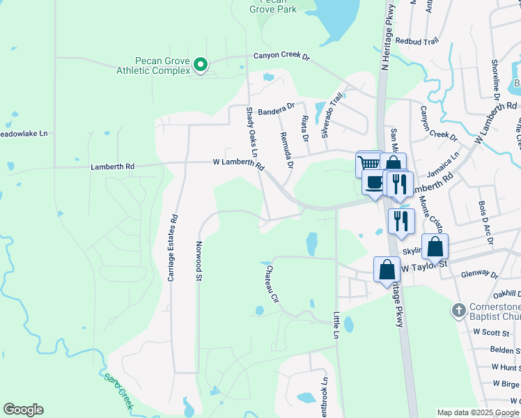 map of restaurants, bars, coffee shops, grocery stores, and more near 2412 Norwood Road in Sherman