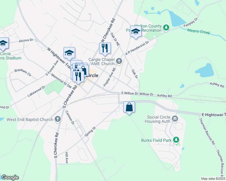 map of restaurants, bars, coffee shops, grocery stores, and more near 190 Spruce Avenue in Social Circle
