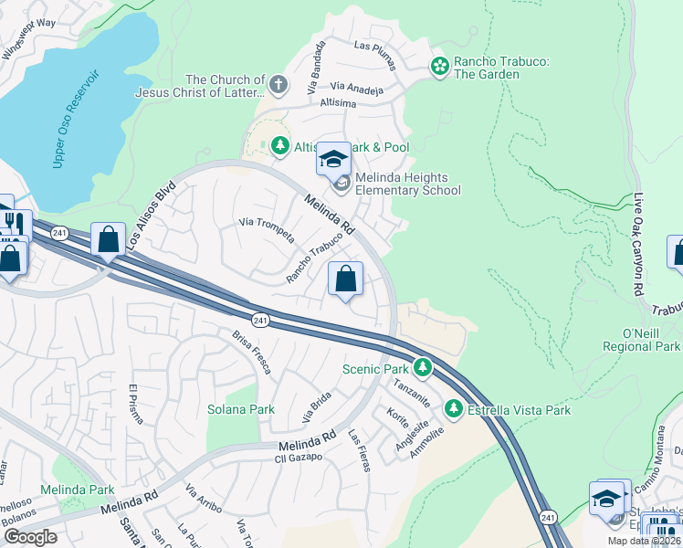 map of restaurants, bars, coffee shops, grocery stores, and more near 68 Tierra Montanosa in Rancho Santa Margarita