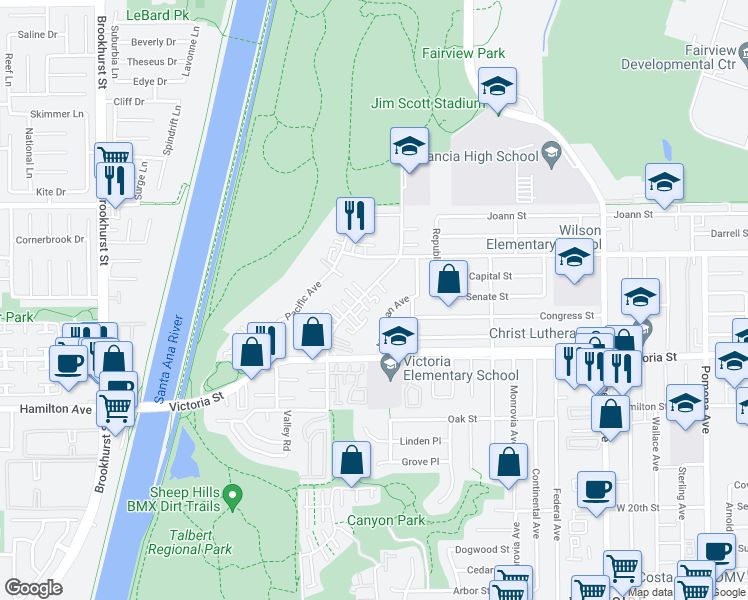 map of restaurants, bars, coffee shops, grocery stores, and more near 2210 Canyon Drive in Costa Mesa