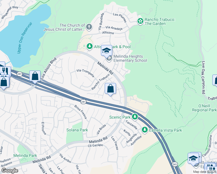 map of restaurants, bars, coffee shops, grocery stores, and more near 68 Tierra Montanosa in Rancho Santa Margarita