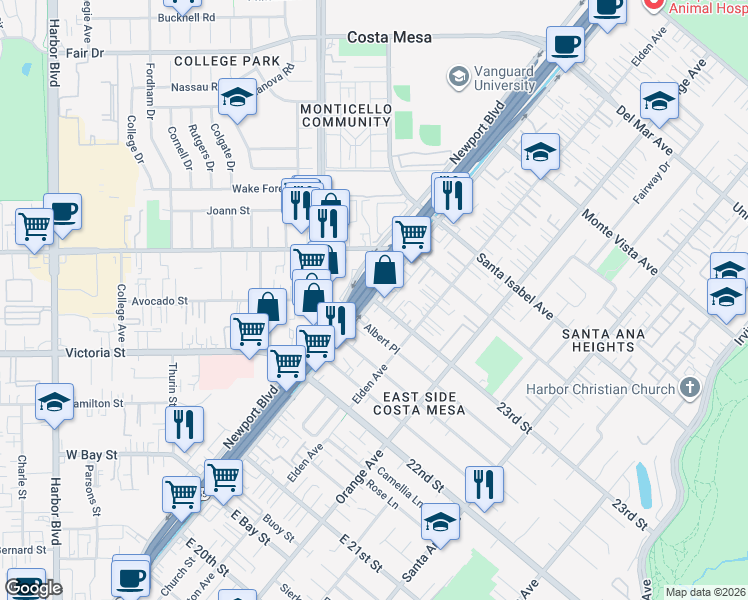 map of restaurants, bars, coffee shops, grocery stores, and more near 2 23rd Street in Costa Mesa