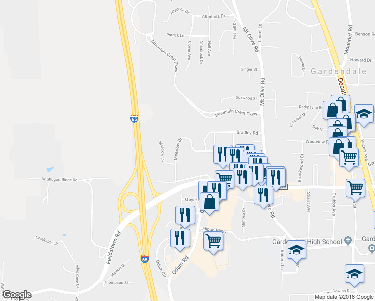 map of restaurants, bars, coffee shops, grocery stores, and more near 1139 Meadow Drive in Gardendale