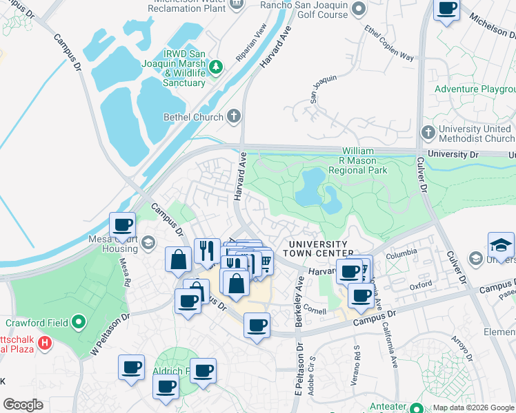map of restaurants, bars, coffee shops, grocery stores, and more near 70 Lehigh Aisle in Irvine