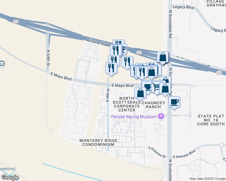 map of restaurants, bars, coffee shops, grocery stores, and more near 6811 East Mayo Boulevard in Phoenix