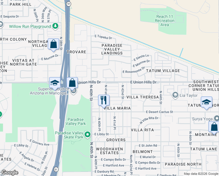 map of restaurants, bars, coffee shops, grocery stores, and more near 4123 East Wagoner Road in Phoenix