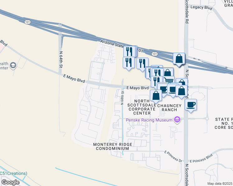 map of restaurants, bars, coffee shops, grocery stores, and more near 18440 North 68th Street in Phoenix